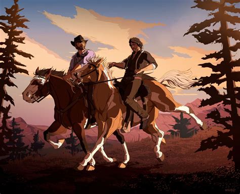 Two Men Riding Horses Through The Woods At Sunset