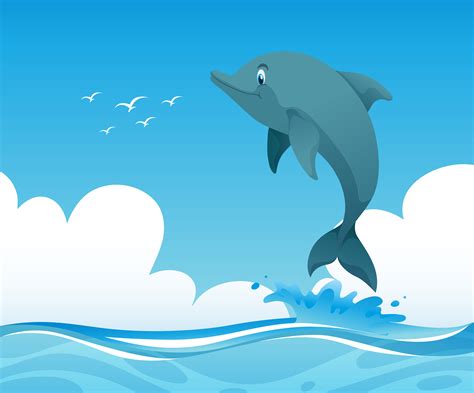 Ocean Scene With Dolphin Jumping Up 413327 Vector Art At Vecteezy