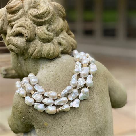 3 Strand Large White Baroque Pearl And Cz Necklace The Real Pearl Co