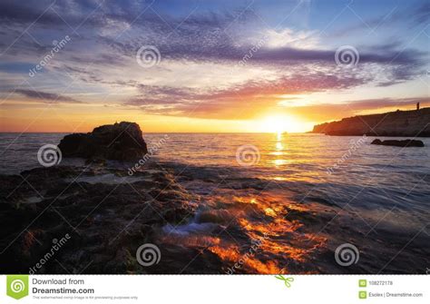 Beautiful Summer Landscape With Sunset Colorful Sky And
