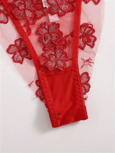 Sexy Floral Embroidery Lingerie Set Sheer Unlined Bra And Mesh Thong For Women Seductive