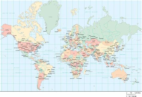 World Map Multi Color Europe Center With Countries Major Cities