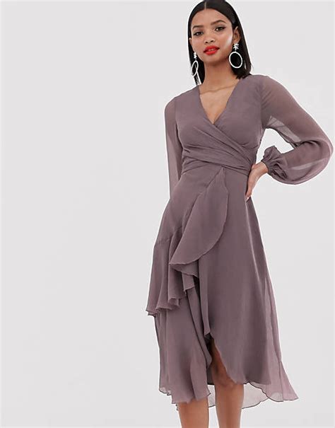 Asos Design Wrap Waist Midi Dress With Double Layer Skirt And Long