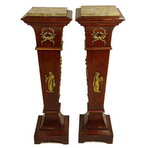 Pair Of Vintage Neo Classical Style Bronze Mounted Pedestal With Marble
