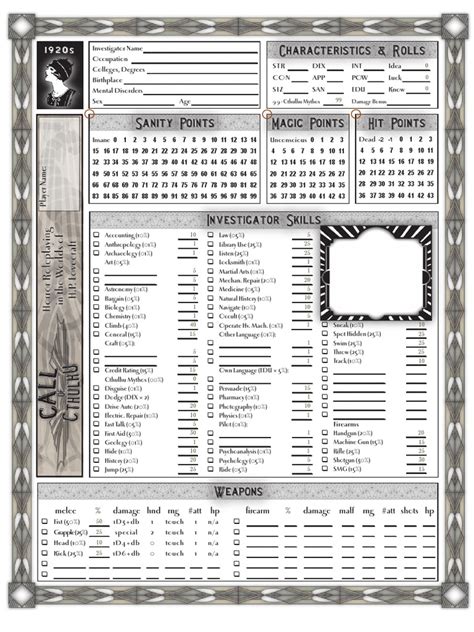 6th Edition Call Of Cthulhu Character Sheet