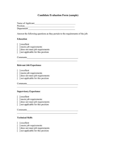 candidate evaluation form sample master  template document