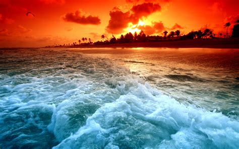 Beach Sunset And Beach Waves Wallpaper Nature And Landscape