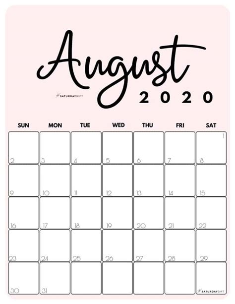 Cute And Free Printable August 2020 Calendar Saturdayt