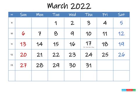 Printable March 2022 Calendar Word Template Ink22m15
