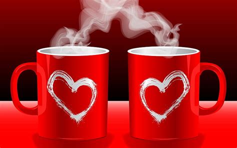 Hd Wallpaper Love Cups Pair Of Red Ceramic Mugs Heart Tea Coffe