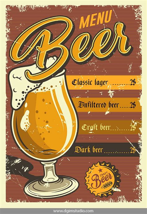 Colorful Vector Beer Vintage Menu Poster With A Beer Glass Super