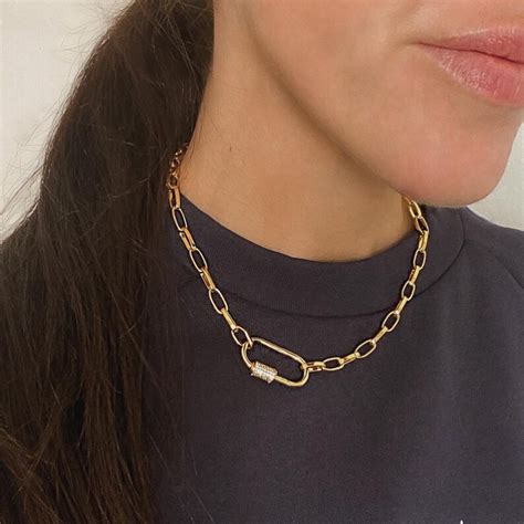 Chunky Gold Link Carabiner Lock Necklace Chunky Oval Chain Etsy