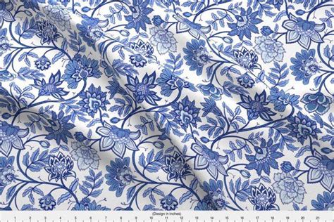 Blue Vintage Floral Chintz Fabric Indienne Indigo By Etsy Chintz