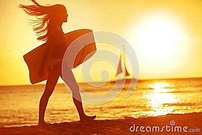 Summer Woman Body Surfer Beach Fun At Sunset Stock Image Image