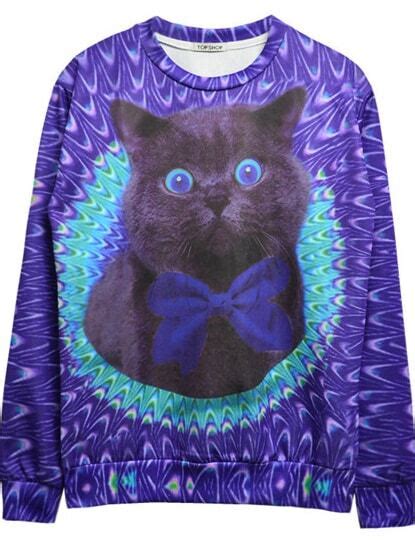 Blue Dip Dye Bowknot Cat Print Round Neck Sweatshirt