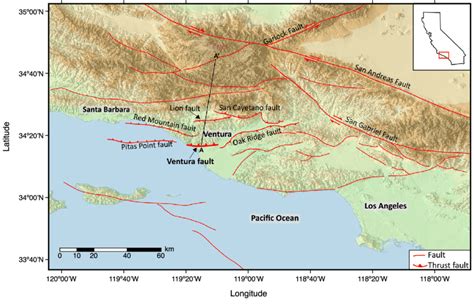 Map Of The Ventura Region And Ventura Fault In Southern California Red