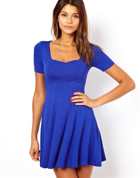 Asos Skater Dress With Sweetheart Neck And Short Sleeves In Blue Lyst