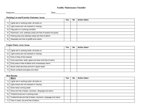 A building maintenance checklist is a professional document which is highly consumed for getting awareness about different circumstances of maintenance. 7+ Facility Maintenance Checklist Templates - Excel Templates