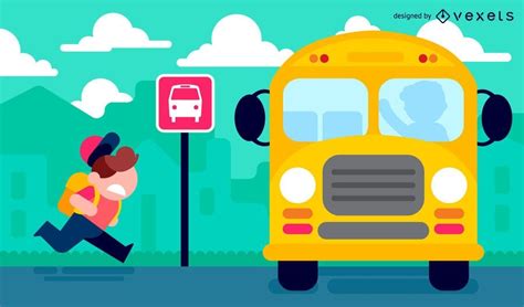 Niño Yendo A La Escuela En La Ilustración Del Autobús Descargar Vector