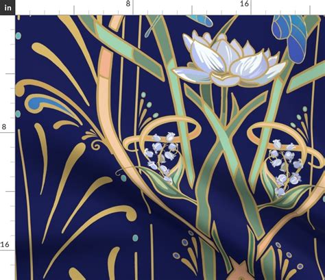 Art Nouveau Dragonflies Wallpaper Navy Fabric Spoonflower