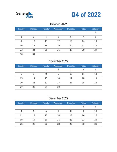 Q4 2022 Quarterly Calendar Pdf Word Excel