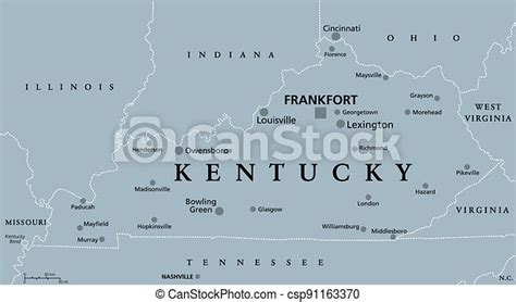 Kentucky Ky Gray Political Map Bluegrass State Southeastern Us