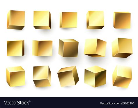 Gold Metal Cube Realistic Geometric 3d Square Vector Image