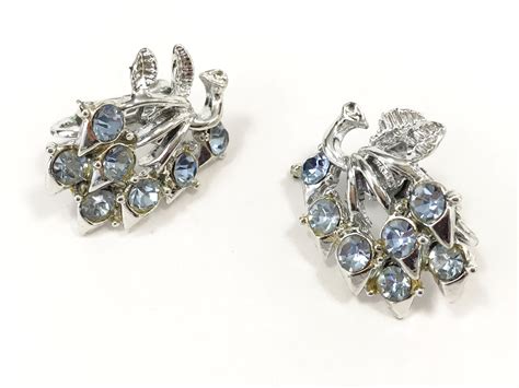 Vintage Coro Earrings Floral Blue Rhinestone And Silver Tone Clip On