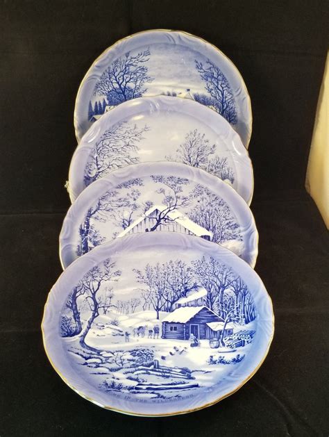 The pattern on them is a blue and white currier & ives pattern from the 1950's, which would be about right. Currier Ives Collector Plates Winter Wilderness Theme Blue ...