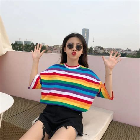 2019 New Rainbow Striped T Shirt Women Tops Harajuku Tshirt Summer Short Sleeve Korean Punk T