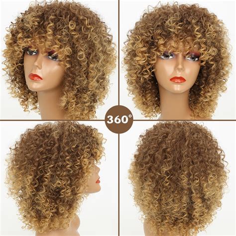 Short Synthetic Blonde Curly Wigs For Women Afro Kinky Curly Wig With Bangs Omber Brown Blonde