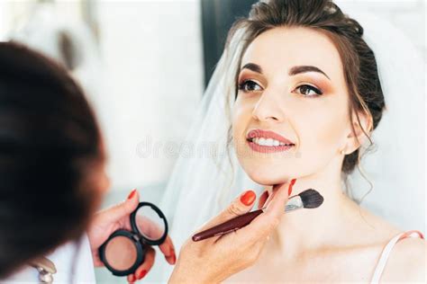 Beautiful Happy Bride With Wedding Hairstyle Bright Makeup In Bridal