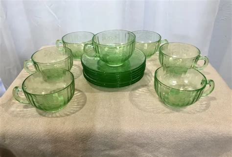 VINTAGE SET OF 7 Hazel Atlas Green Depression Glass Cups And Saucers