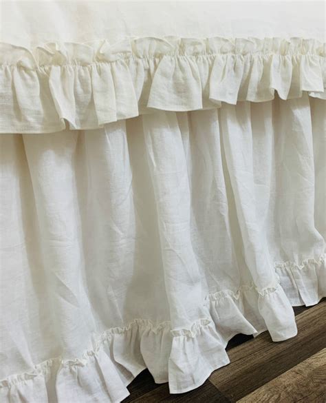 White Linen Bed Skirt Gathered With Country Ruffle Hem