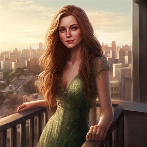 Premium AI Image A Woman In A Green Dress Stands On A Balcony Overlooking A Cityscape