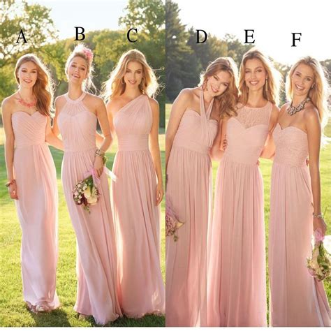 Pastel Pink Cheap Long Lace Chiffon Bridesmaid Dresses Mismatched