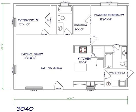 Barndominium Floor Plan 2 Bedroom 2 Bathroom 30x40 Barndominium