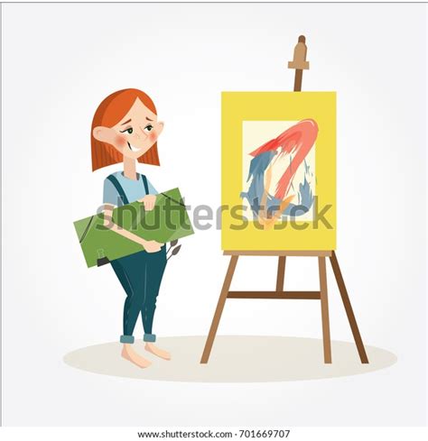 Girl Artist Easel Painting Funny People Stock Vector Royalty Free
