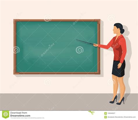 Teacher Woman Standing In Front Of Blank School Blackboard Stock Vector
