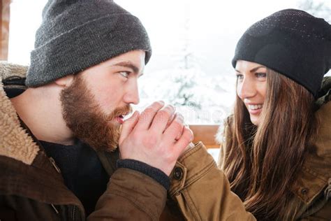 Careful Man Warming His Girlfriend Hands In Winter Stock Image Image