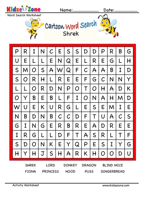 Shrek Charcters Word Search Puzzle Kidzezone