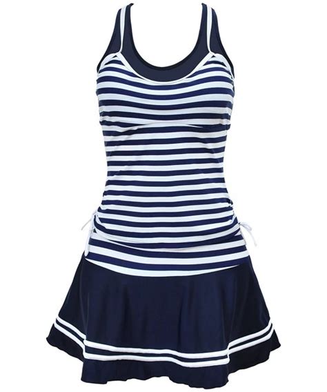Womens Nautical Sailor Stripes 2 Pieces Swim Dress Suit Dark Blue