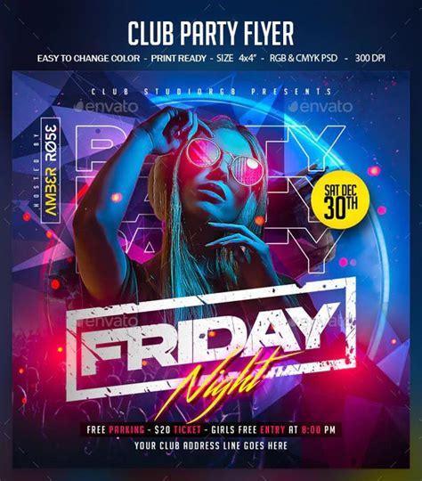 A Flyer For A Club Party With An Image Of A Woman In Neon Colors And