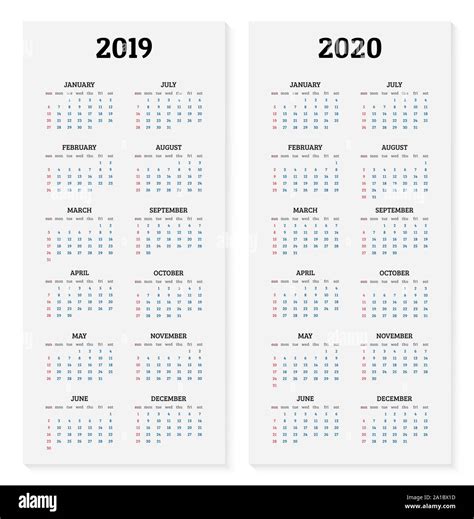 Calendario Anual 2019 Y 2020 Plantilla Ilustración Vectorial Imagen