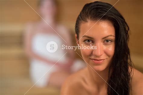 Closeup Of Smiling Sweaty Woman In The Sauna Royalty Free Stock Image Storyblocks