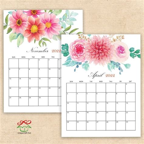 2022 Digital Printable Calendars Watercolor Floral Desk Calendar