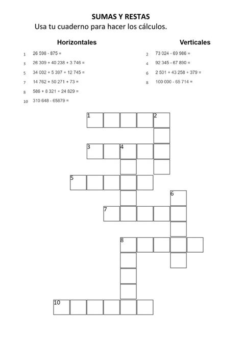 A Crossword Puzzle With The Words Sumas Y Restas In Spanish And English