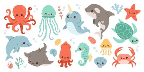 Set With Hand Drawn Sea Life Elements Vector Doodle Cartoon Set Of