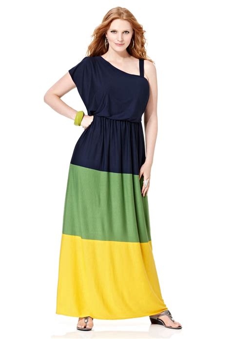 Plus Size Colorblock Faux One Shoulder Maxi Dress Plus Size Dresses