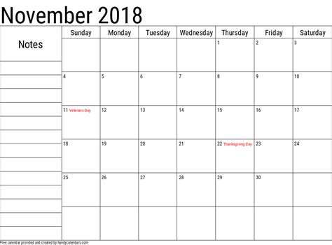 November 2018 Calendar With Notes And Holidays Handy Calendars